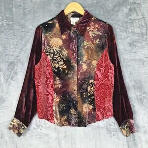 Womens Top Medium Silk Burnout Velvet Grunge Floral Whimsigoth Artsy Button Up